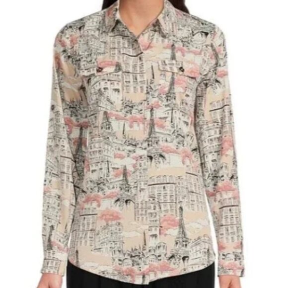 Karl Lagerfeld Tops - KARL LAGERFELD PARIS Size Large Paris PRINT SHIRT ROLL UP SLEEVE